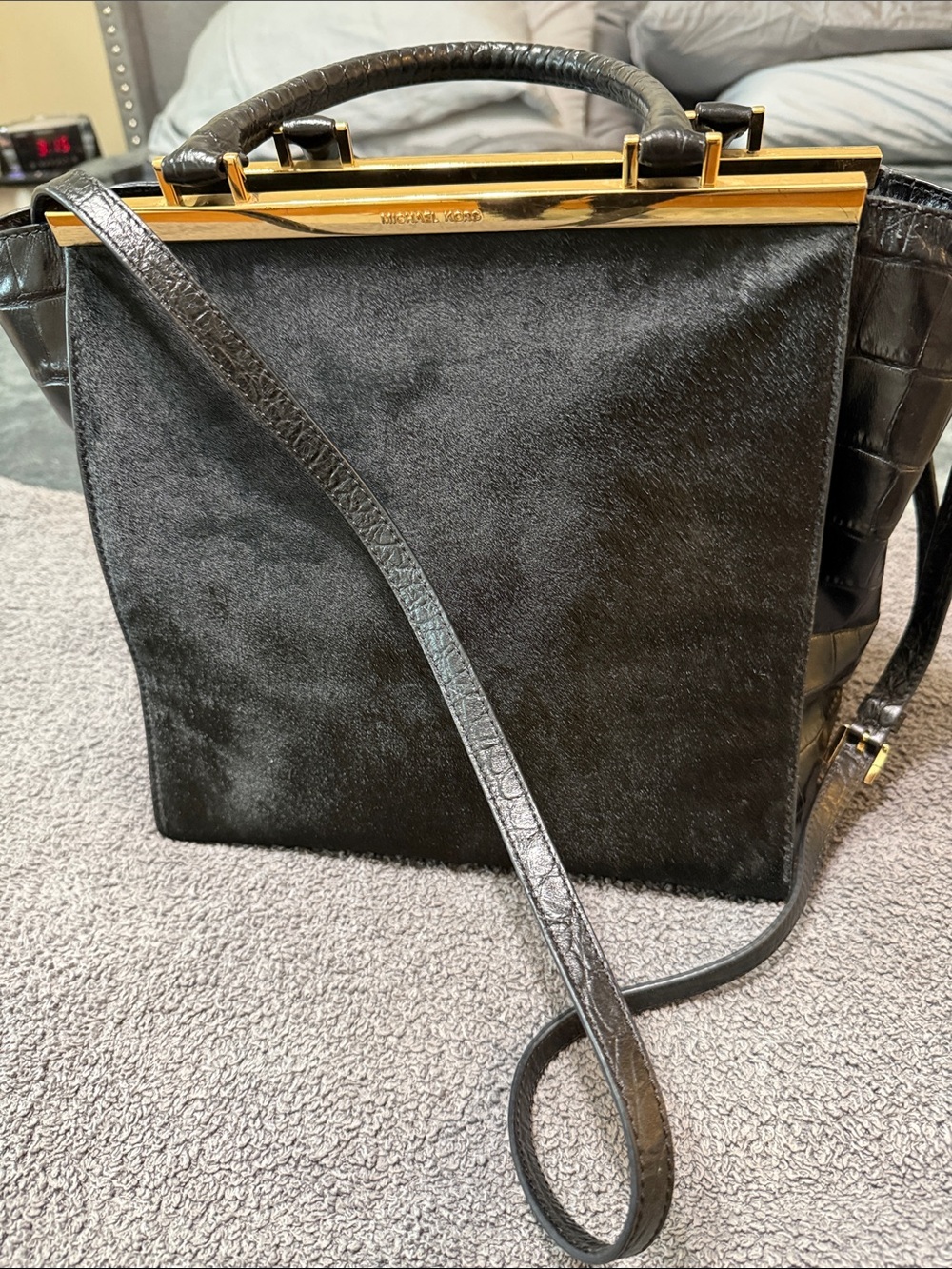 Michael Kors Black Haircalf Satchel with Gold Trim